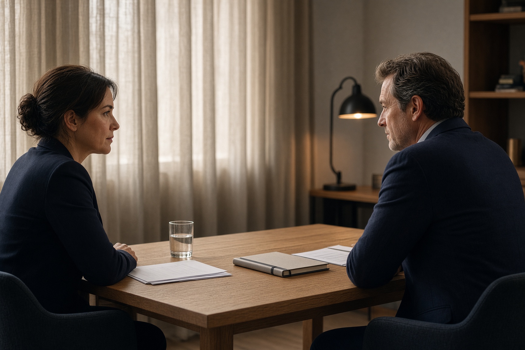 A confidential conversation across a quiet office table